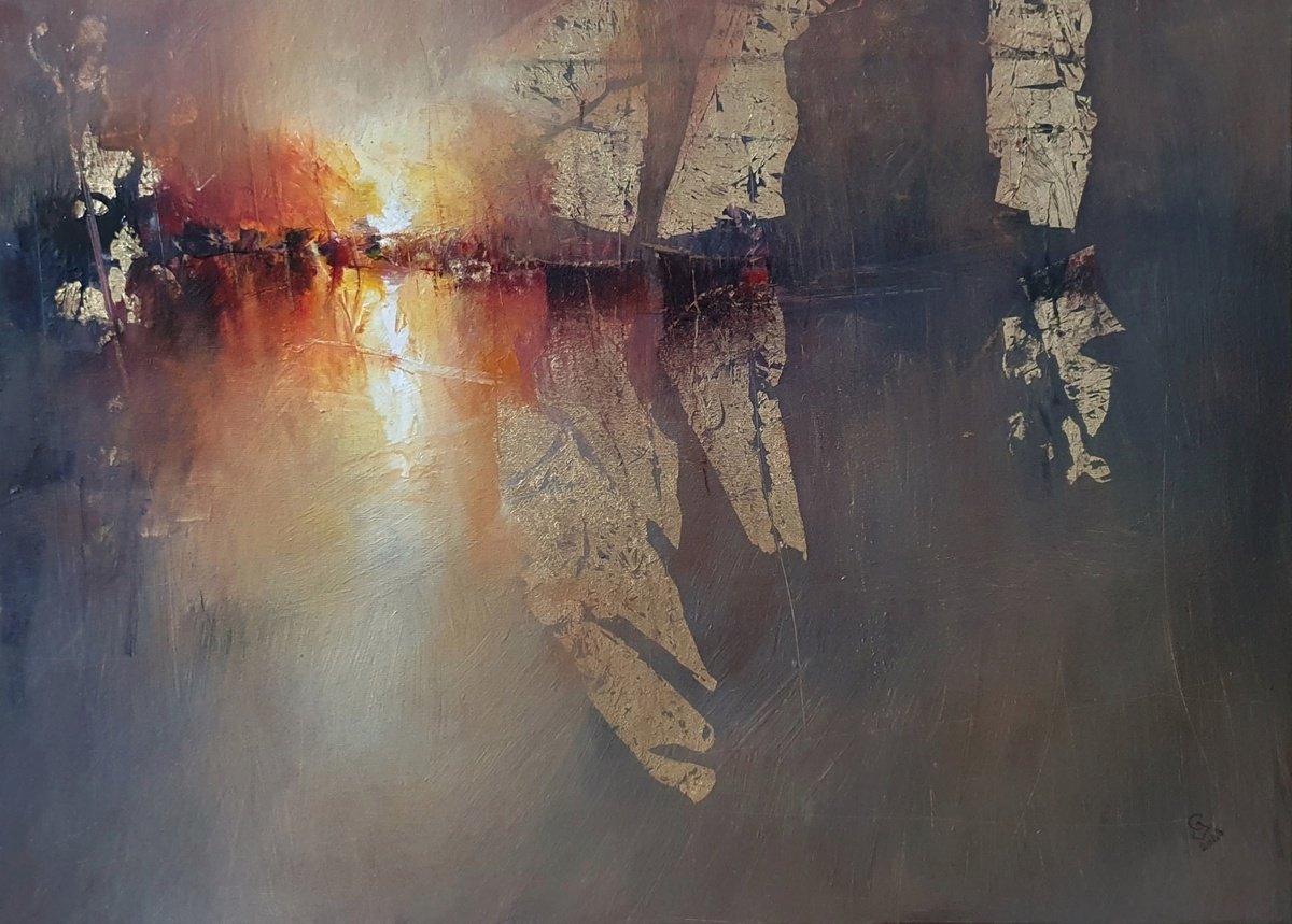 Abstract Landscape Oil Painting By Ivan Grozdanovski, 28 X 20, The Golden Hour, Original Artwork