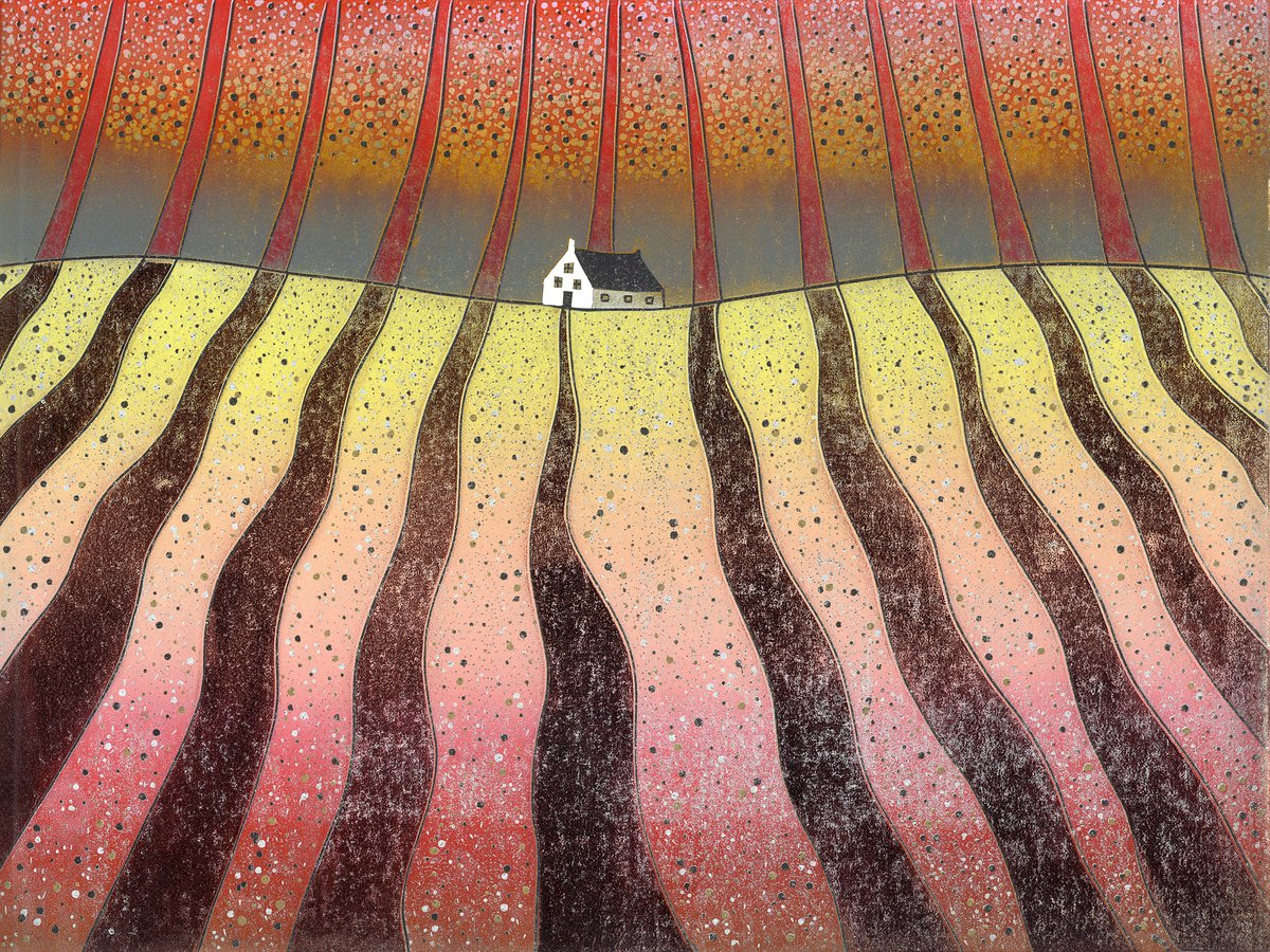 Illustrative Landscape Linocut By Layla Khani (Aka Laylart), 19 X 15", 