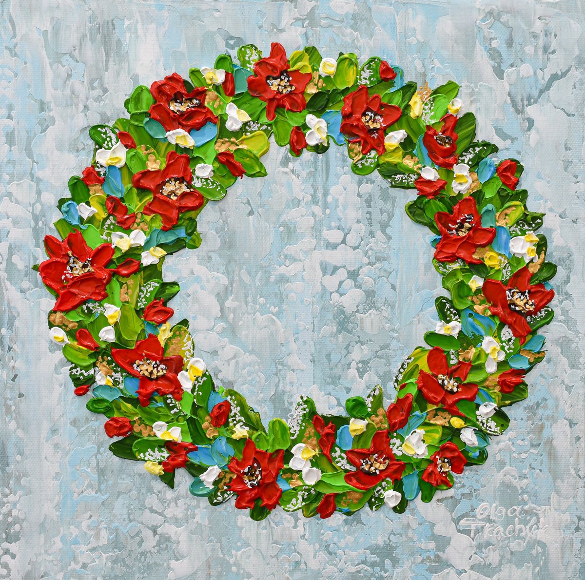 Impressionistic Botanical Acrylic Painting By Olga Tkachyk, 12 X 12", Poinsettia Wreath, Original Artwork