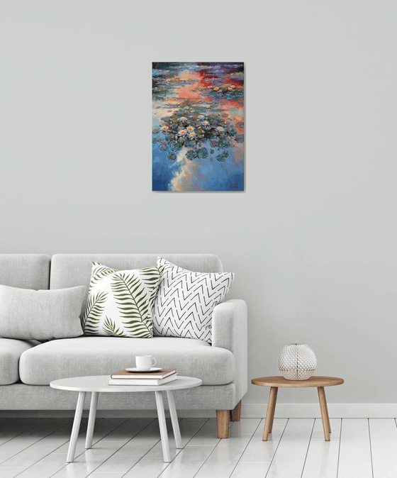 "Evening river with lilies"