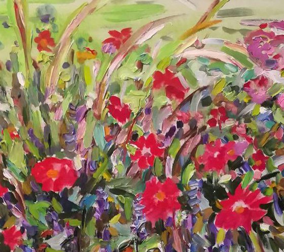 BLOOMING FLOWER BED - Luxembourg Gardens, Paris, France - floral art, original oil painting