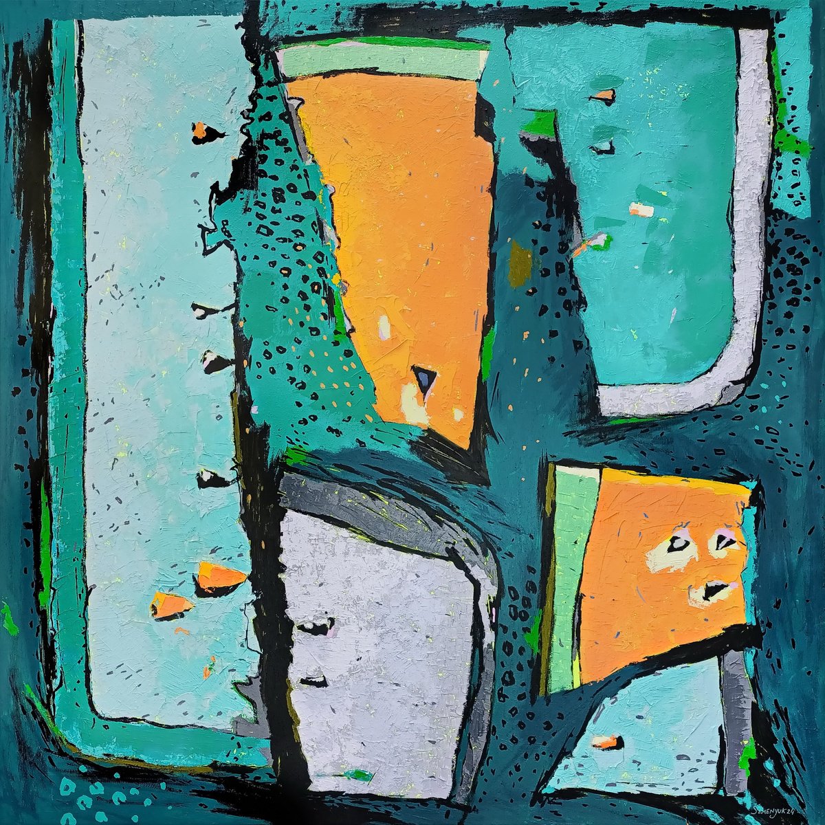 Organic Abstract Acrylic Painting By Evgen Semenyuk, 39 X 39, Abstract Yellow Watermelons, Original Artwork