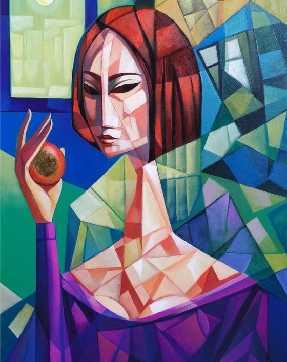 Girl with apple (60x100cm, cubism, oil painting, ready to hang)