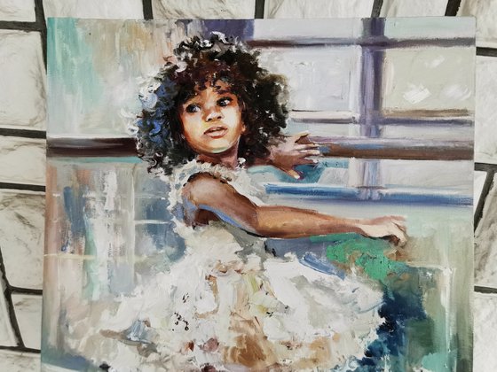 African american painting. Ballerina in white dress