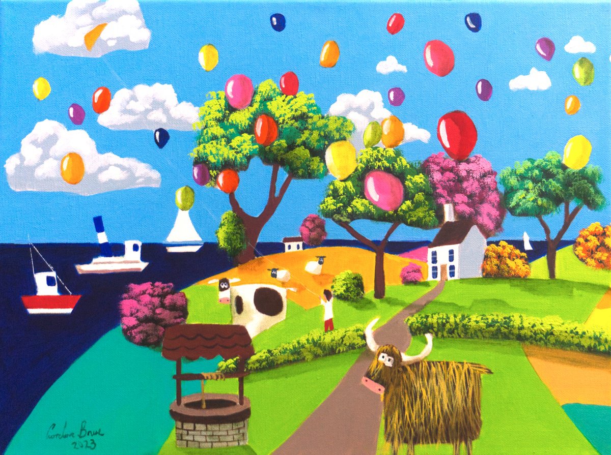 Highland cow with balloons by Gordon Bruce