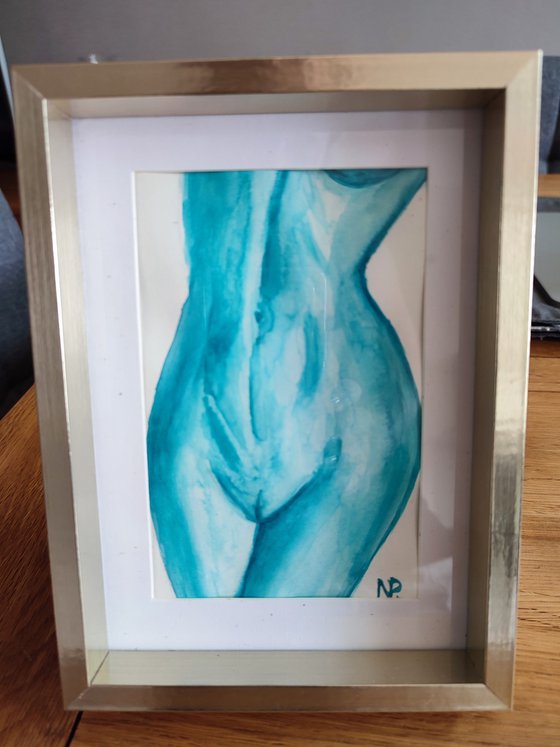 Nude, framed original watercolor ink girl painting, small gift, art for home