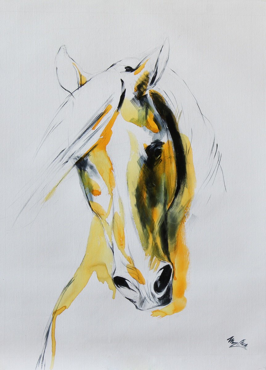 Expressive Animal Oil Painting By Marie Madej, 14 X 20", Yellow Portrait, Original Artwork