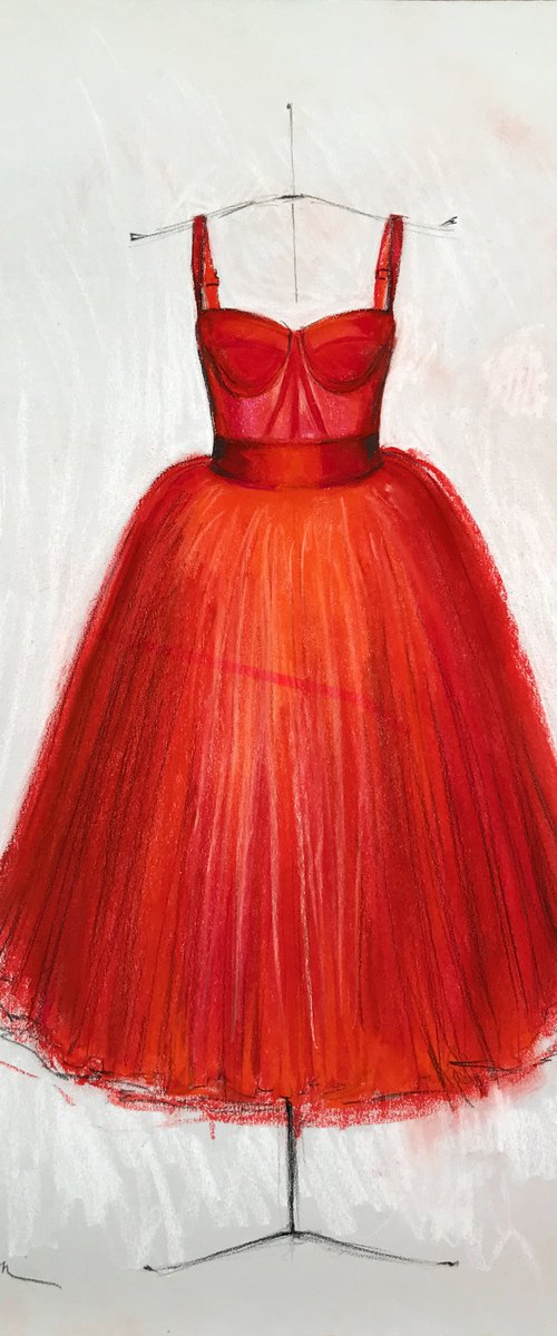 SMALL RED DRESS - Pastel drawing on paper, original gift, red, dress, princess dress, fashion, dolce, woman, black, home decor, pop art, wall art by Sasha Robinson