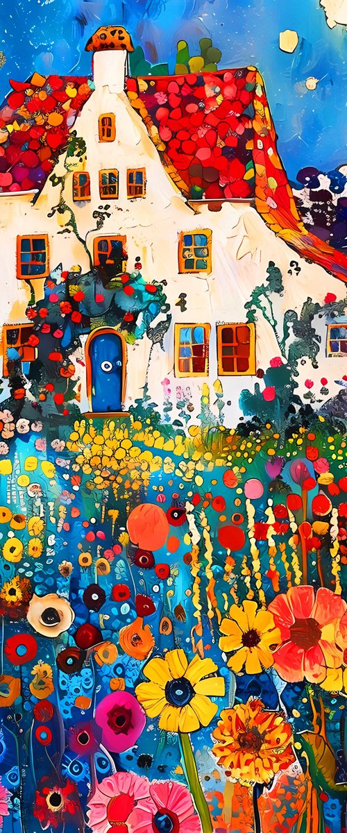 Sunny day with cozy house in colorful garden. Bright impressionistic fairytale floral landscape fantasy flowers. Hanging large positive relax naive fine art for home decor, inspiration by Matisse and Klimt by BAST