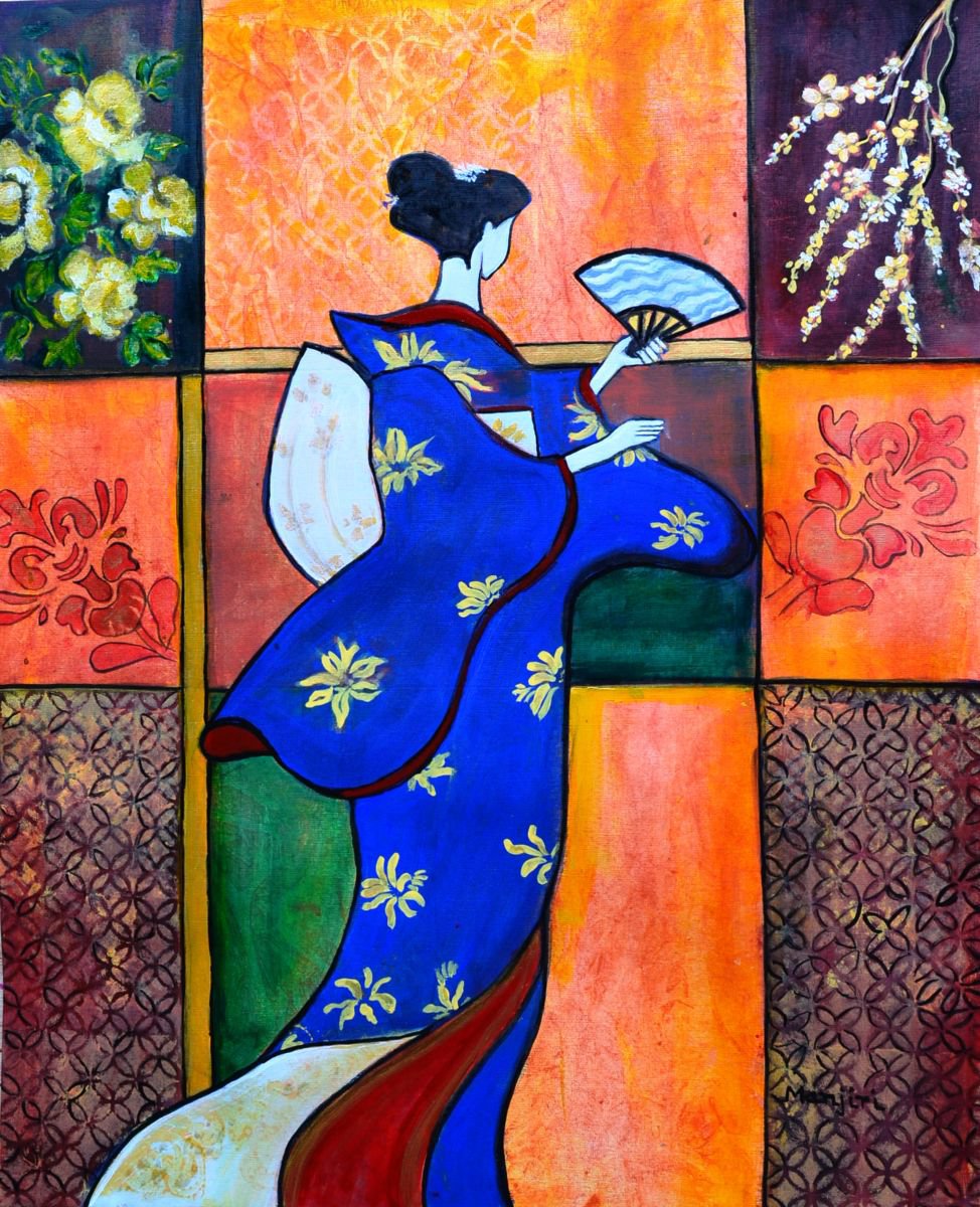 On SALE!Japan Geisha Kimono Colorful Decorative Painting Ethnic Gift Decor by Manjiri Kanvinde