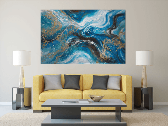 "Golden tide" XXXL art, large acrylic painting, contemporary art, home decor office art, royal blue, gold, turquoise