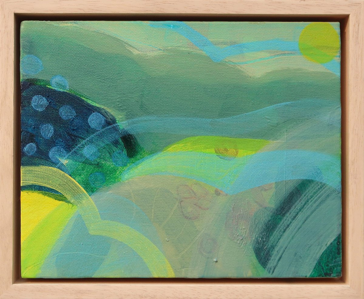 Expressive Abstract Acrylic Painting By Suzie Cumming, 11 X 9", Blue Spotty Landscape, Original Artwork