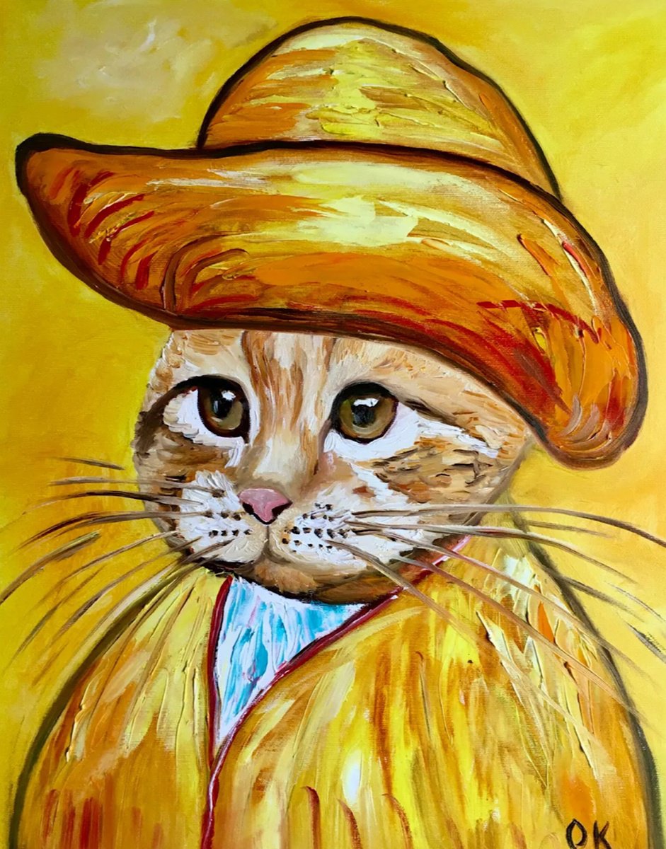 Impressionistic Animal Oil Painting By Olga Koval, 16 X 20", Cat In A Straw Hat, Original Artwork