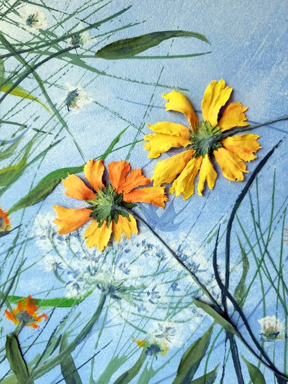 Resting Under Gaillardia Flowers in a summer meadow. Relief landscape with a green herbs and yellow textured wildflowers