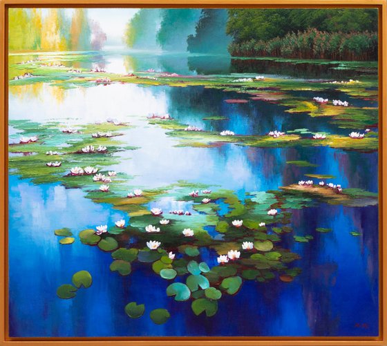 Blue Waterlily Pond On Canvas Board - Water Lilies 5x7 inches Painting by  Vics Art