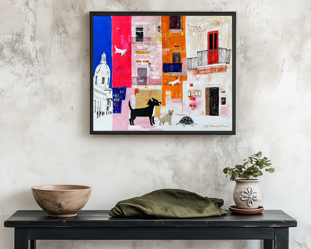 Impressionistic Animal Acrylic Painting By Anastasia Mamoshina, 18 X 15, Dreamy Streets And Tails, Original Artwork