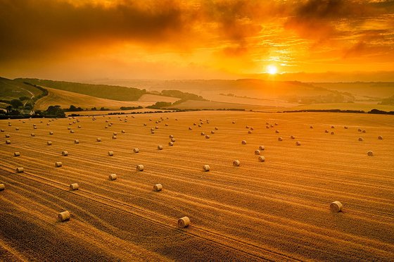 Sunset Over a Field of Hay Bales Print
