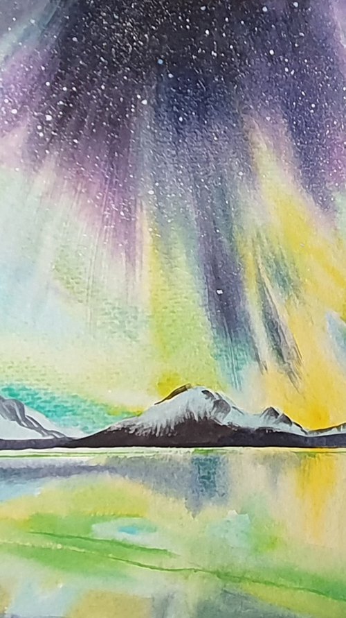 Winter glow: watercolor lights over the lake by Natasha Sokolnikova Watercolour Artist