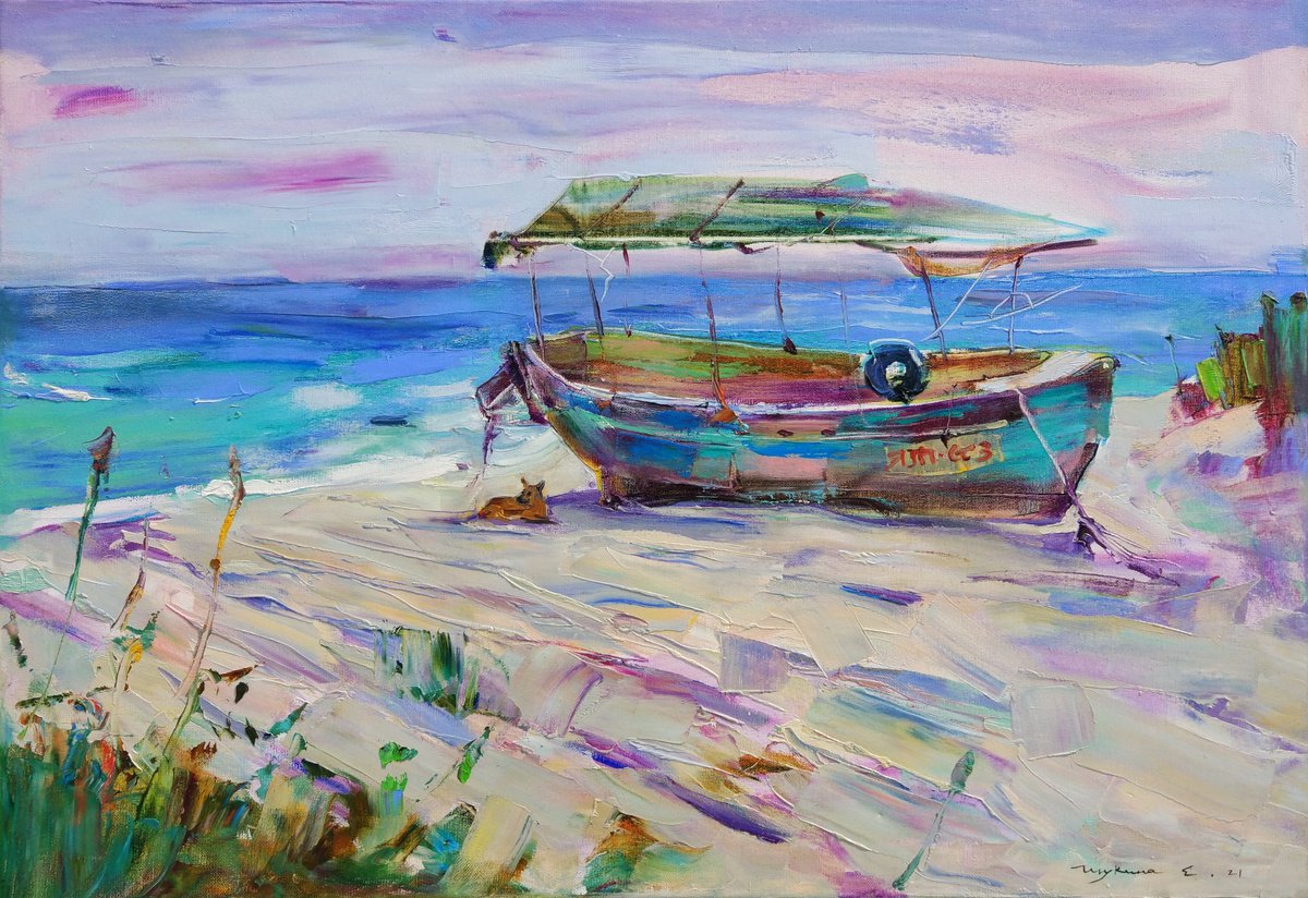 Sea , sun and relax . Dog and old boat . Original plein air oil painting . by Helen Shukina