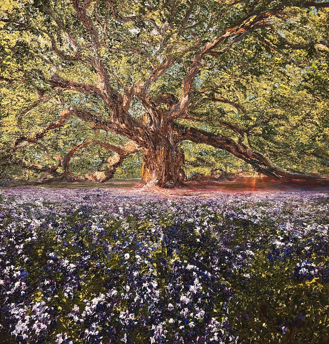 Impressionistic Landscape Oil Painting By Kenneth Halvorsen, 38 X 40", Sunlit Dreams Bluebonnets, Original Artwork