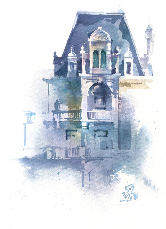 Architectural landscape in watercolor. Mansandra Palace in Yalta