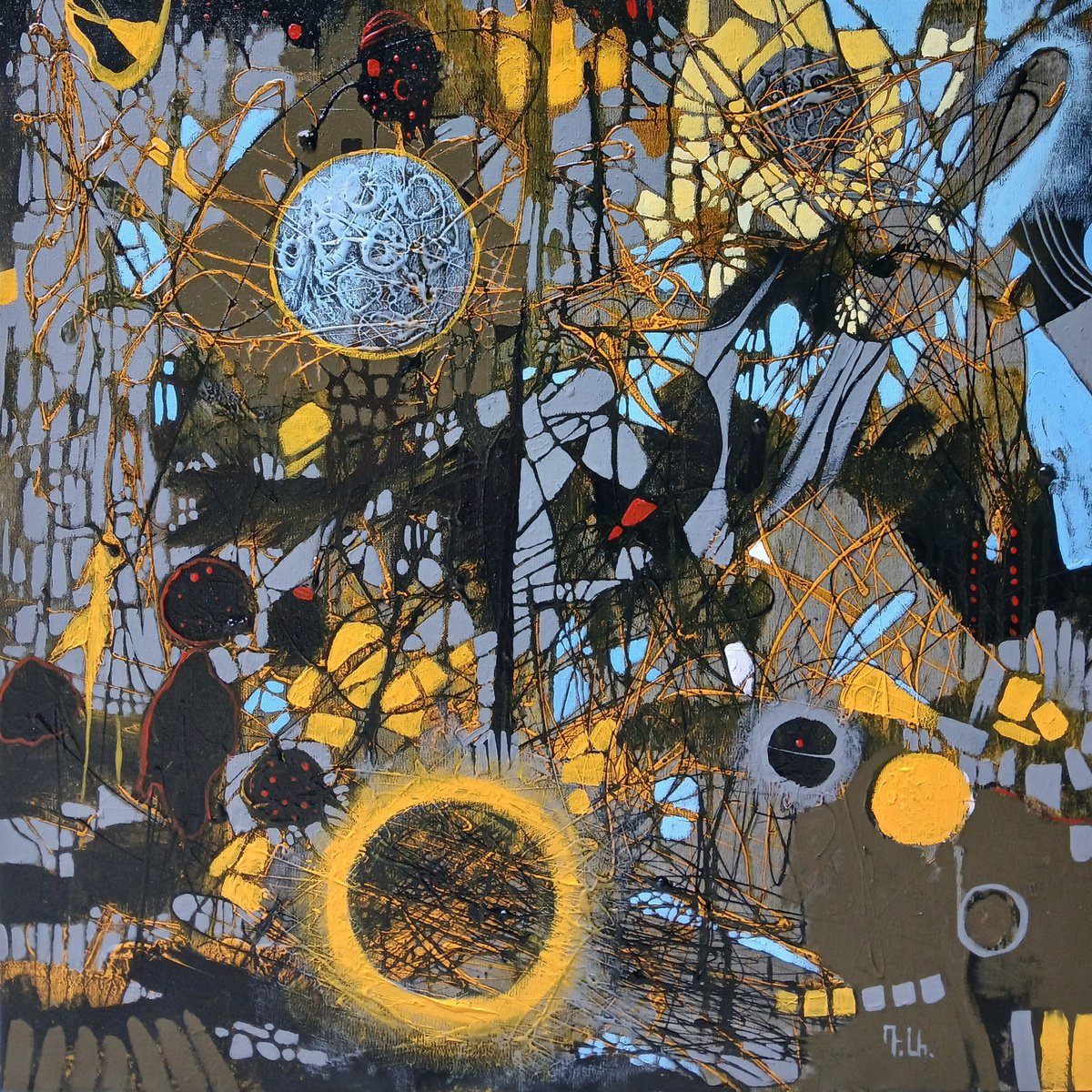 Abstract Acrylic Painting By Davit Arstamyan, 28 X 28, Celestial Tangled Pathways, Original Artwork