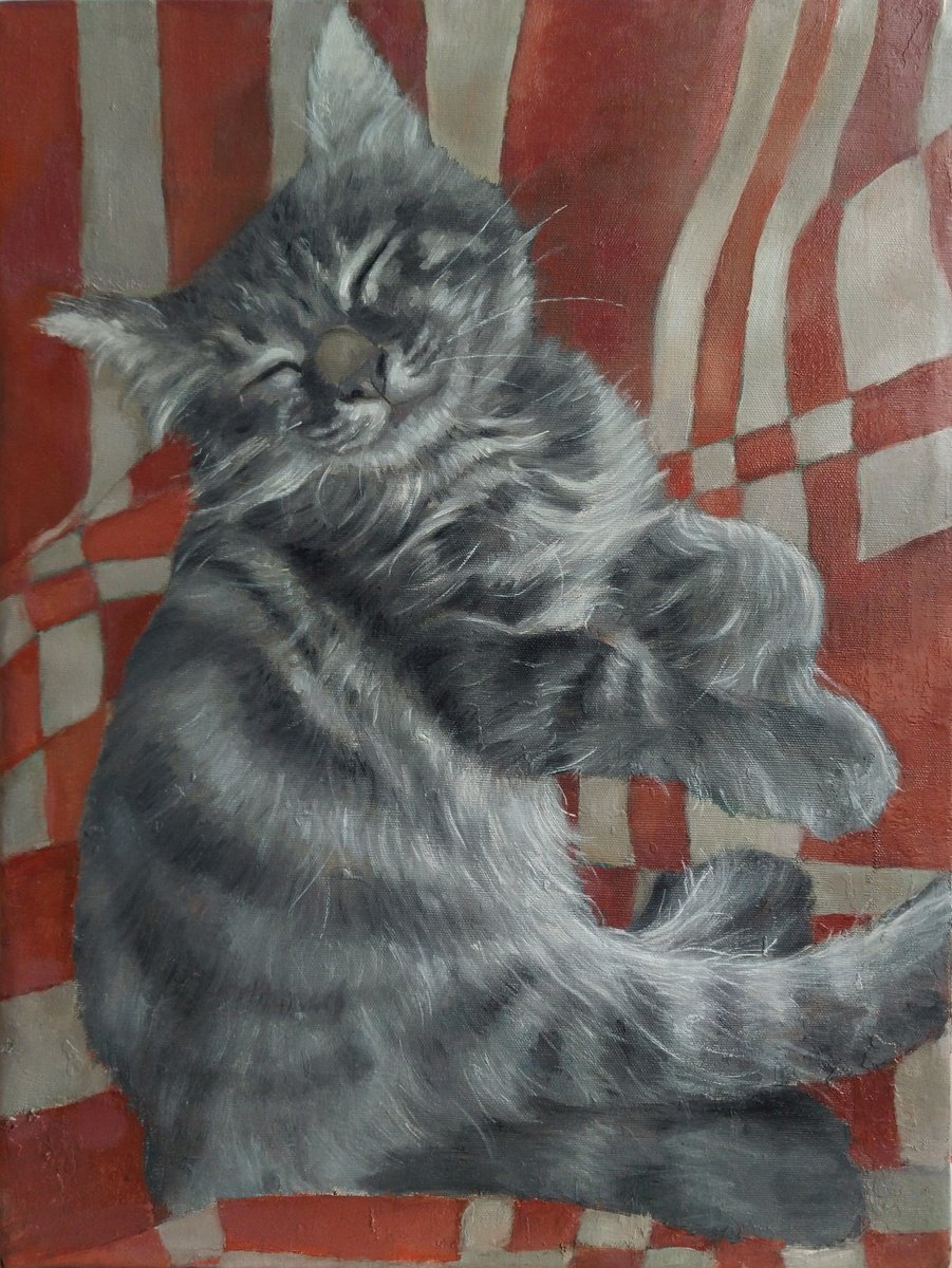 Impressionistic Animal Oil Painting By Kamsar Ohanyan, 12 X 16", Peaceful Purr, Original Artwork