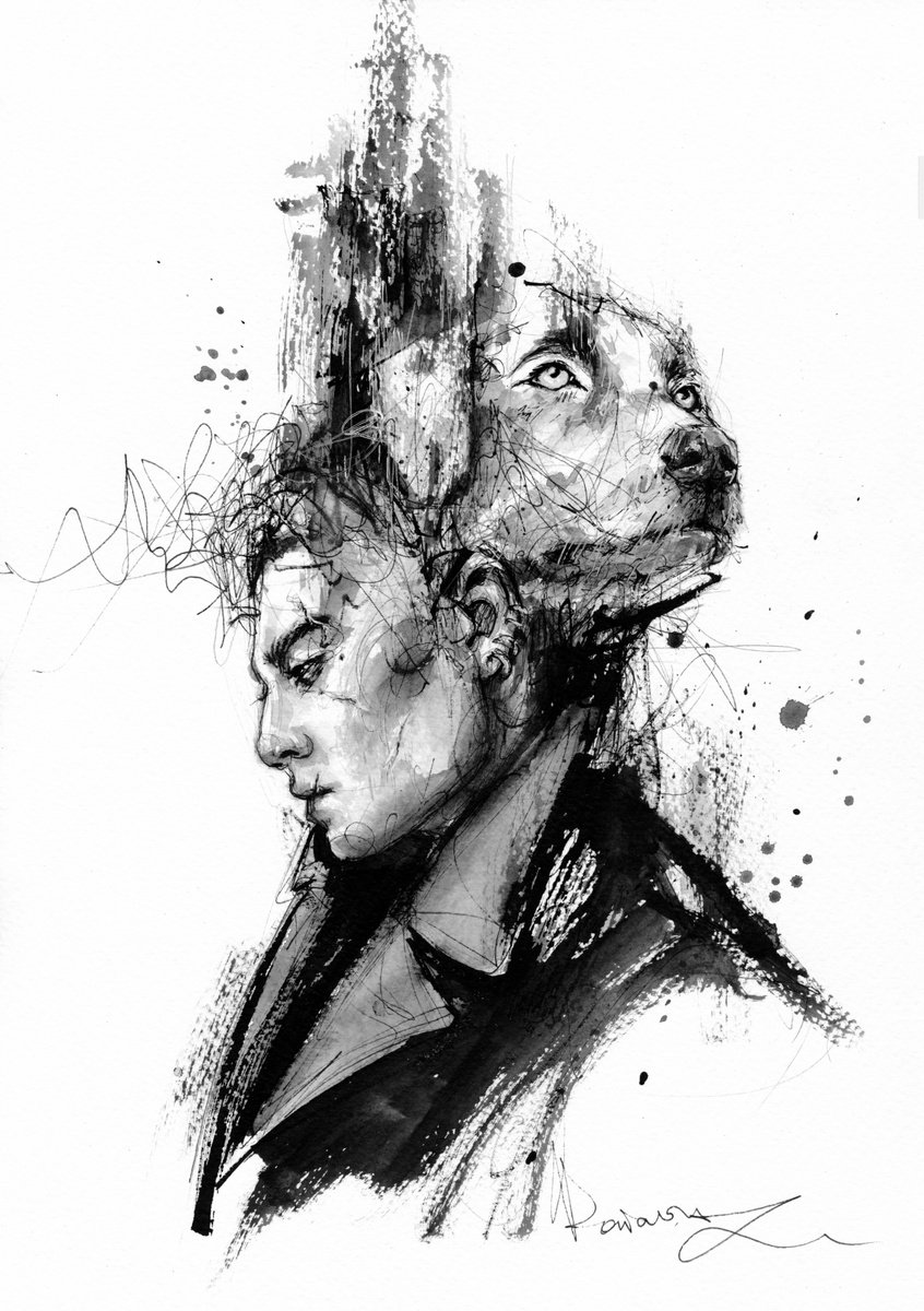 Expressive Portrait Ink Drawing By Doriana Popa, 8 X 12, Dog, Original Artwork
