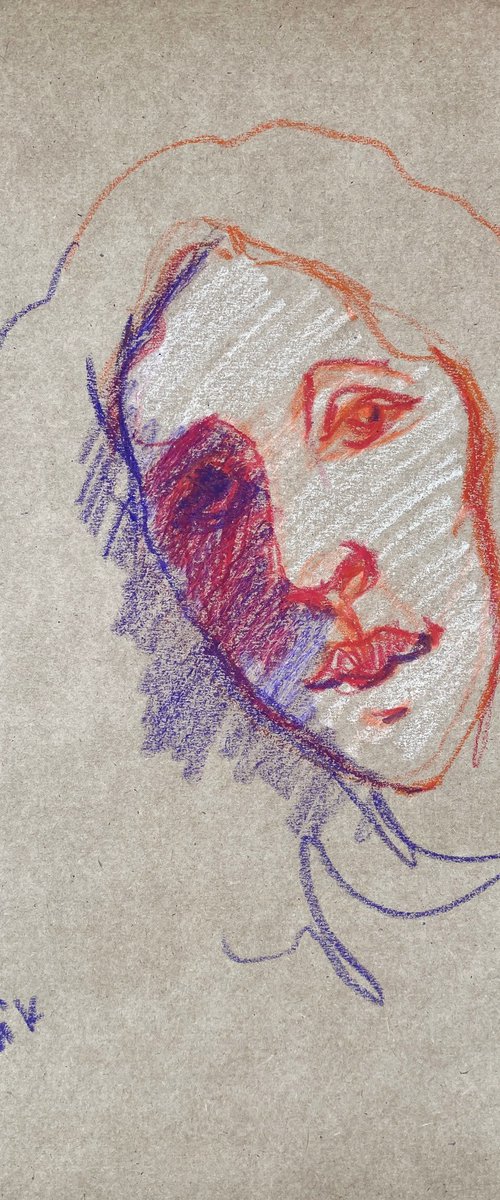 PASTEL PORTRAIT #1 - expressive face drawing, crimson, violet & orange art by Irene Makarova