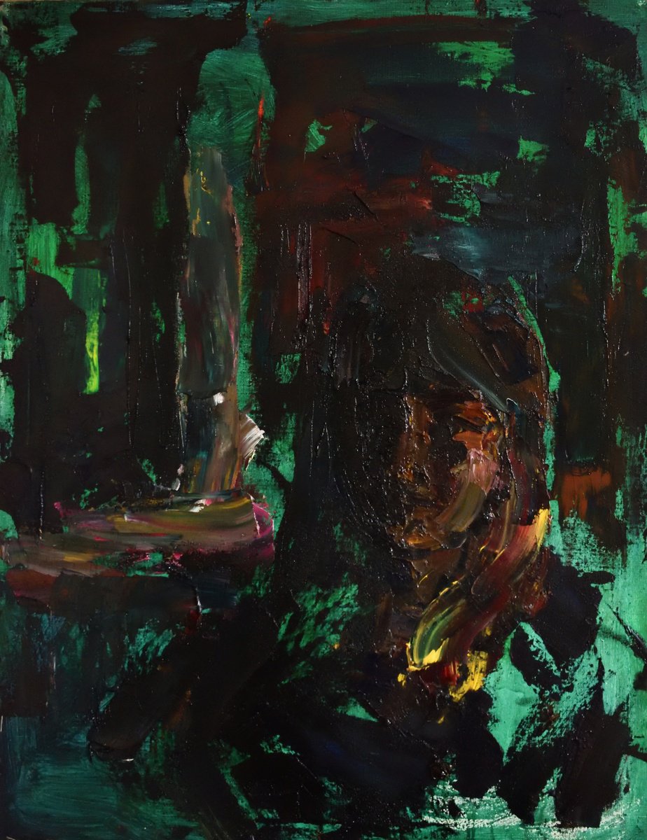 Expressive Portrait Oil Painting By Stanislava Cherkasova, 28 X 35", Night Self-Portrait, Original Artwork