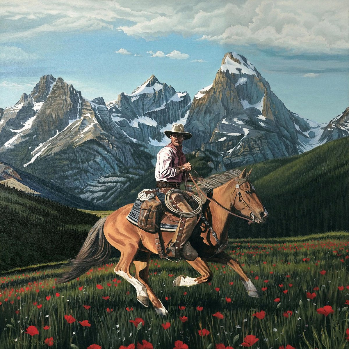 Photorealistic Animal Oil Painting By Michael Steward, 47 X 47", Wyoming Ride, Original Artwork