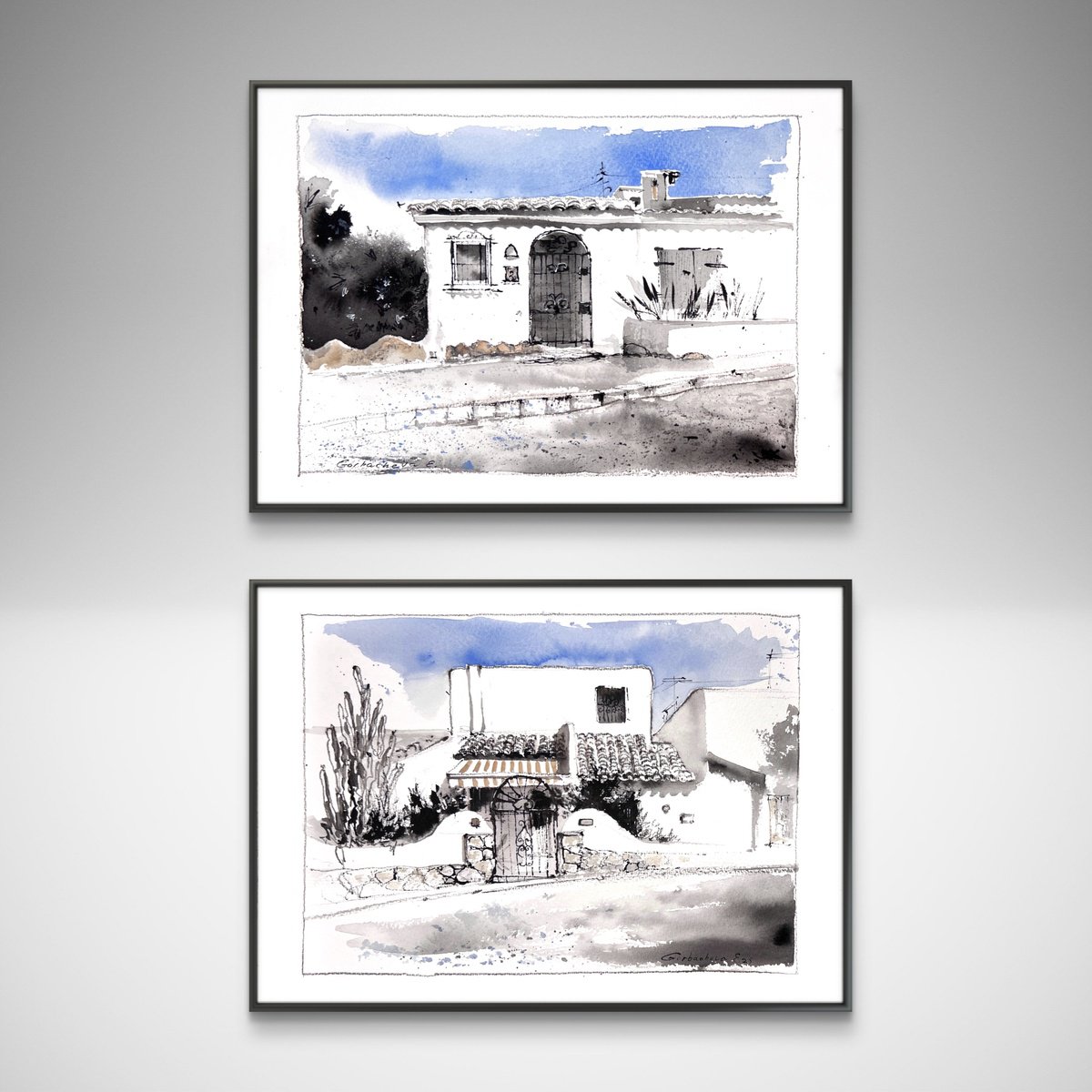 Impressionistic Cityscapes Watercolour By Eugenia Gorbacheva, 12 X 18, White Walls Of Spain (Diptych), Original Artwork