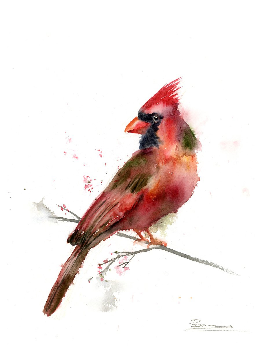 Impressionistic Animal Watercolour By Olga Tchefranov (Shefranov), 9 X 12", Cardinal, Original Artwork