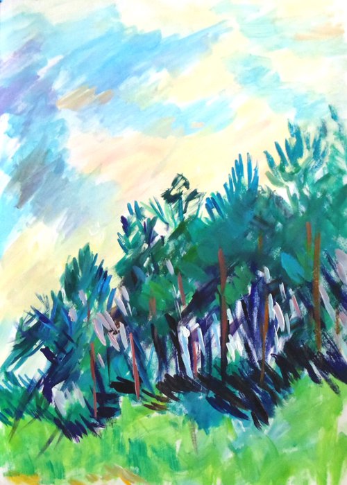 Summer afternoon. Pine trees. Acrylic on paper. 30.5x43 cm. by Alexander Shvyrkov