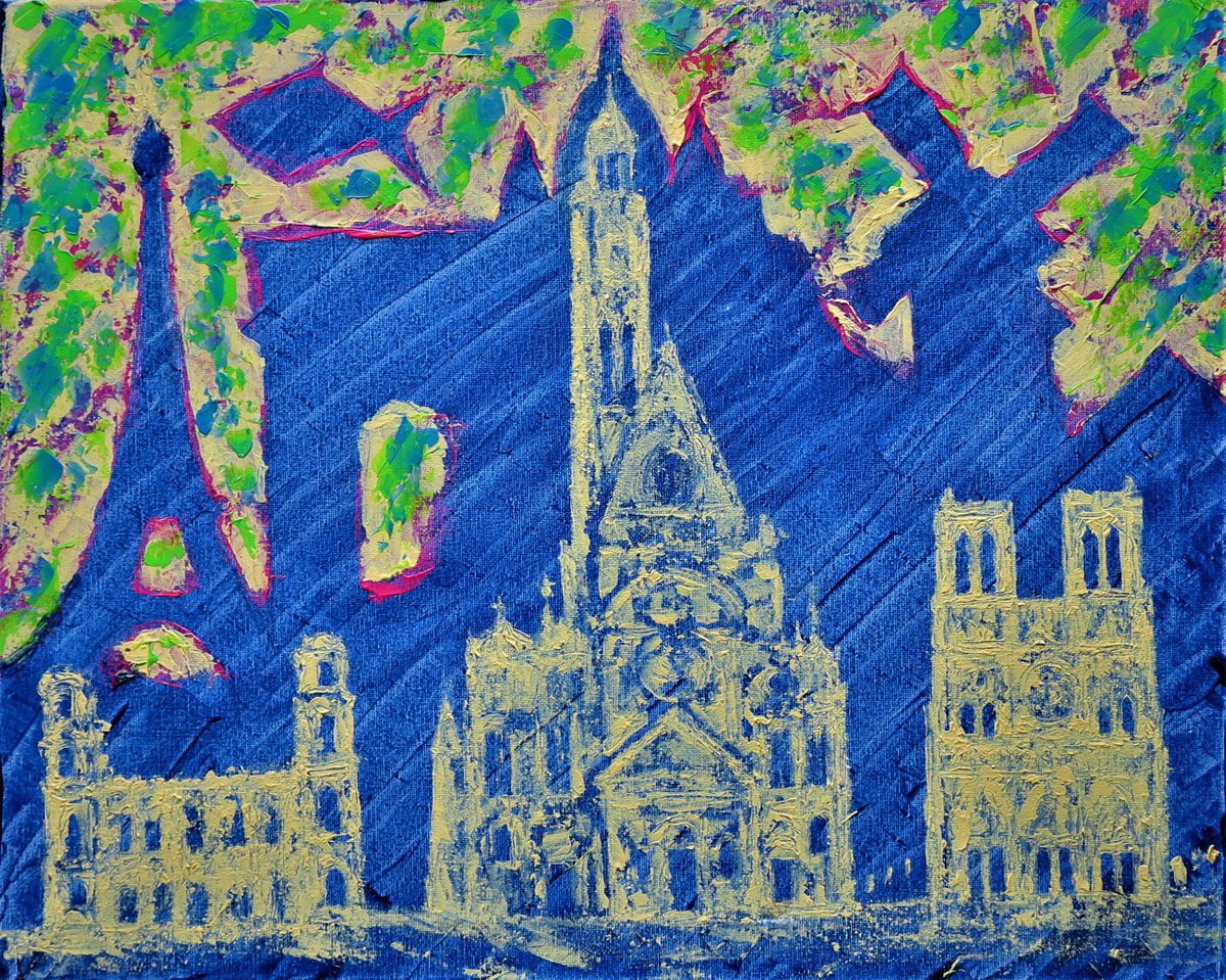 Surrealistic Cityscapes Acrylic Painting By Denys Kuvaiev, 20 X 16, Paris Inner And Outer, Original Artwork