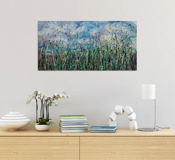 Tall Grass Against the Sky Abstract Meadow Painting 32" X 16" X 1.5"