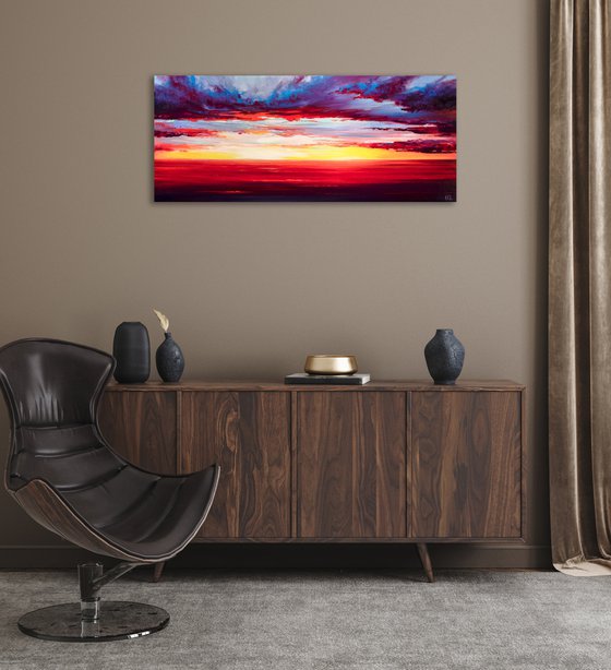 Red Sunset at the sea. Colorful Sky Oil Painting