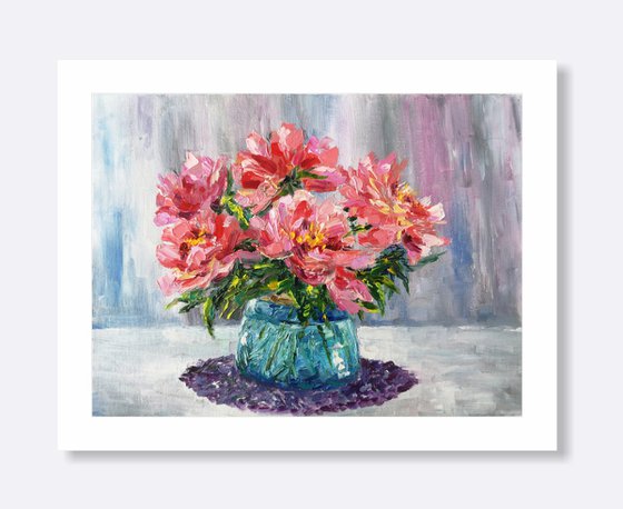 Peonies. Pink peony bouquet, small oil painting