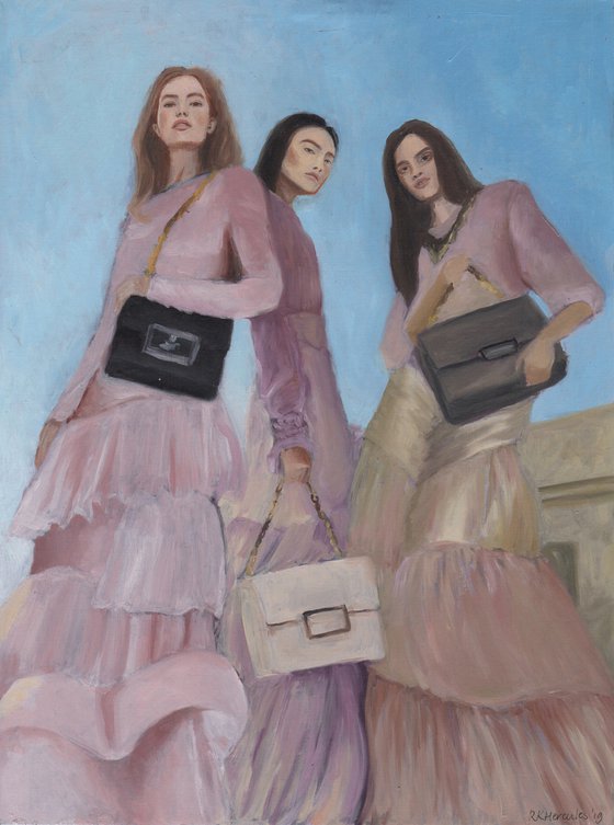 painting of 3 women fashion models oil on paper