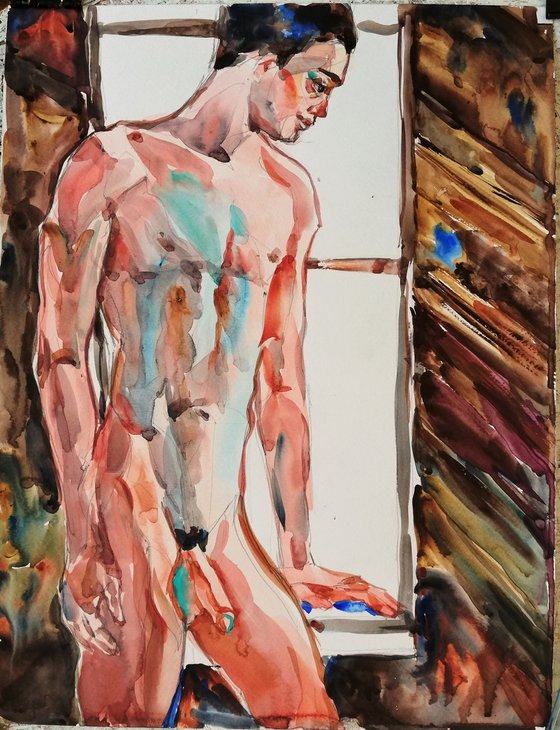 Male Nude in Rustic Interior