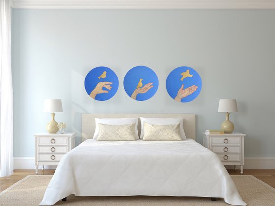 Triptych original mixed media paintings- Hands and birds - Set of 3 round canvas for living room (2021)