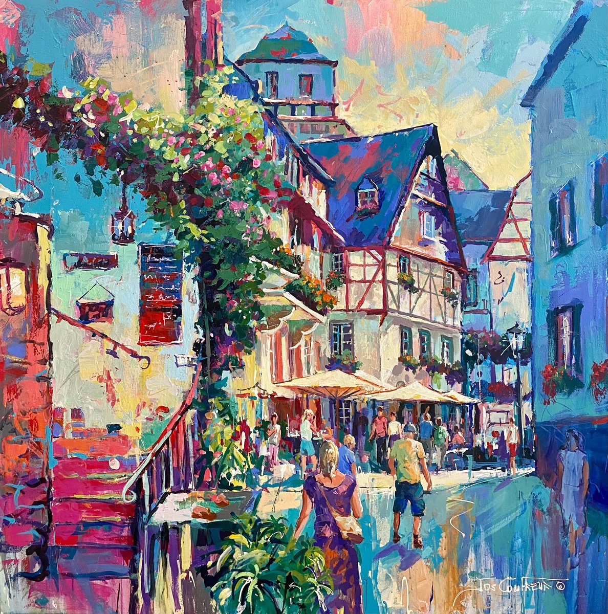 Abstract Cityscapes Acrylic Painting By Jos Coufreur, 59 X 59, Beilstein, Germany, Original Artwork