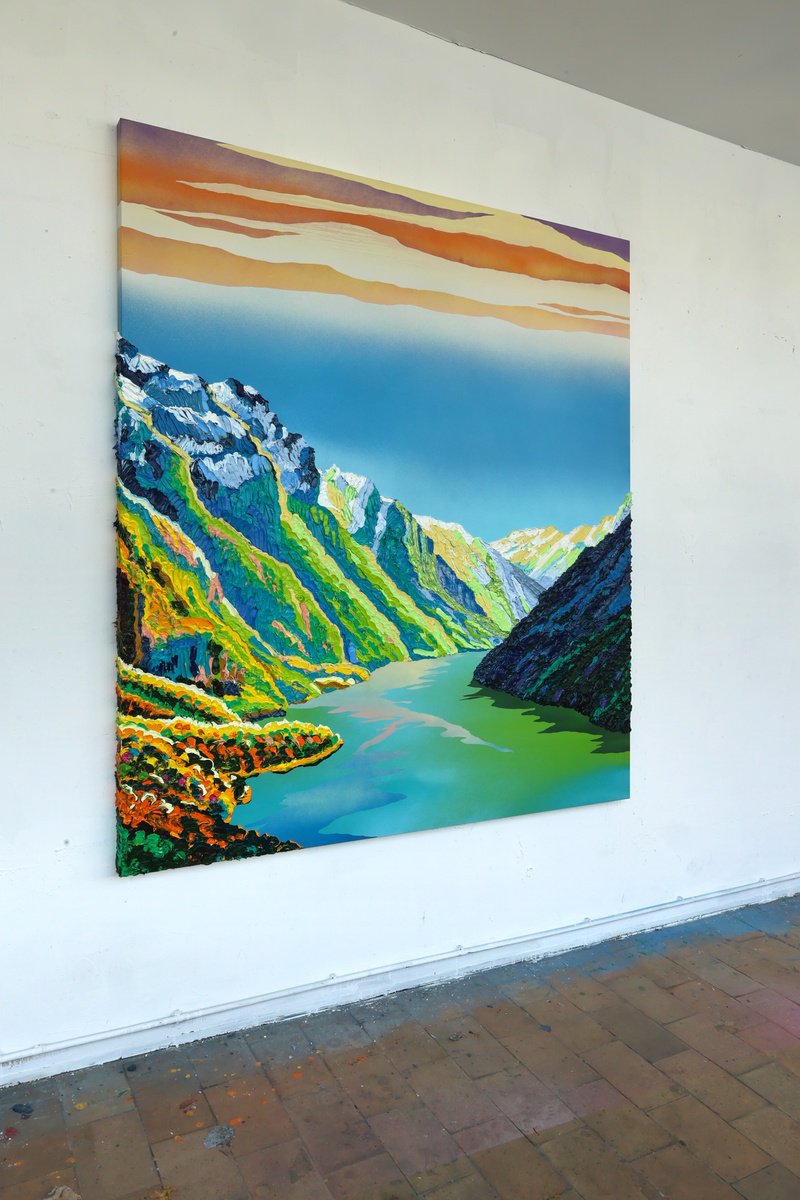 Urban And Pop Landscape Oil Painting By Dominic Virtosu, 59 X 71, Mountains Of Switzerland, Original Artwork