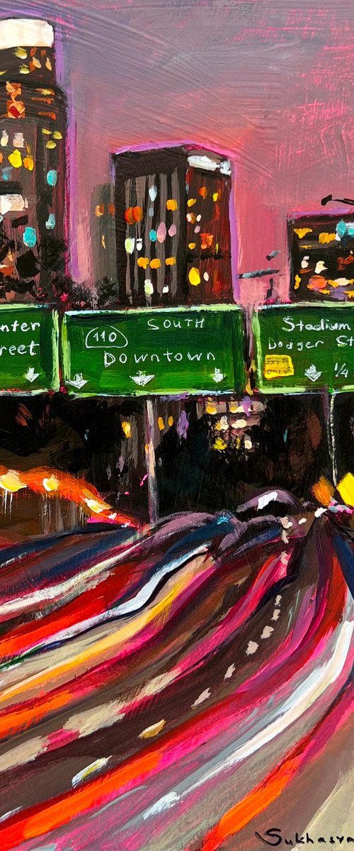 Los Angeles Freeway at Night. Downtown by Victoria Sukhasyan