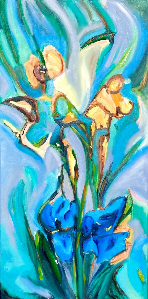 Abstract Oil Painting By Olga Mcnamara Biennaleartist, 20 X 39", Turquoise Daydreams, Original Artwork