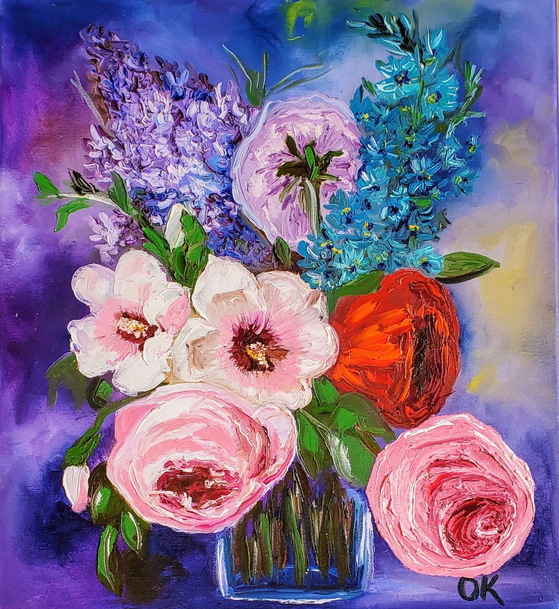 BOUQUET OF SUMMER FLOWERS pink rose white hibiscus, red poppy, urple lilac , delphinium mo... by Olga Koval