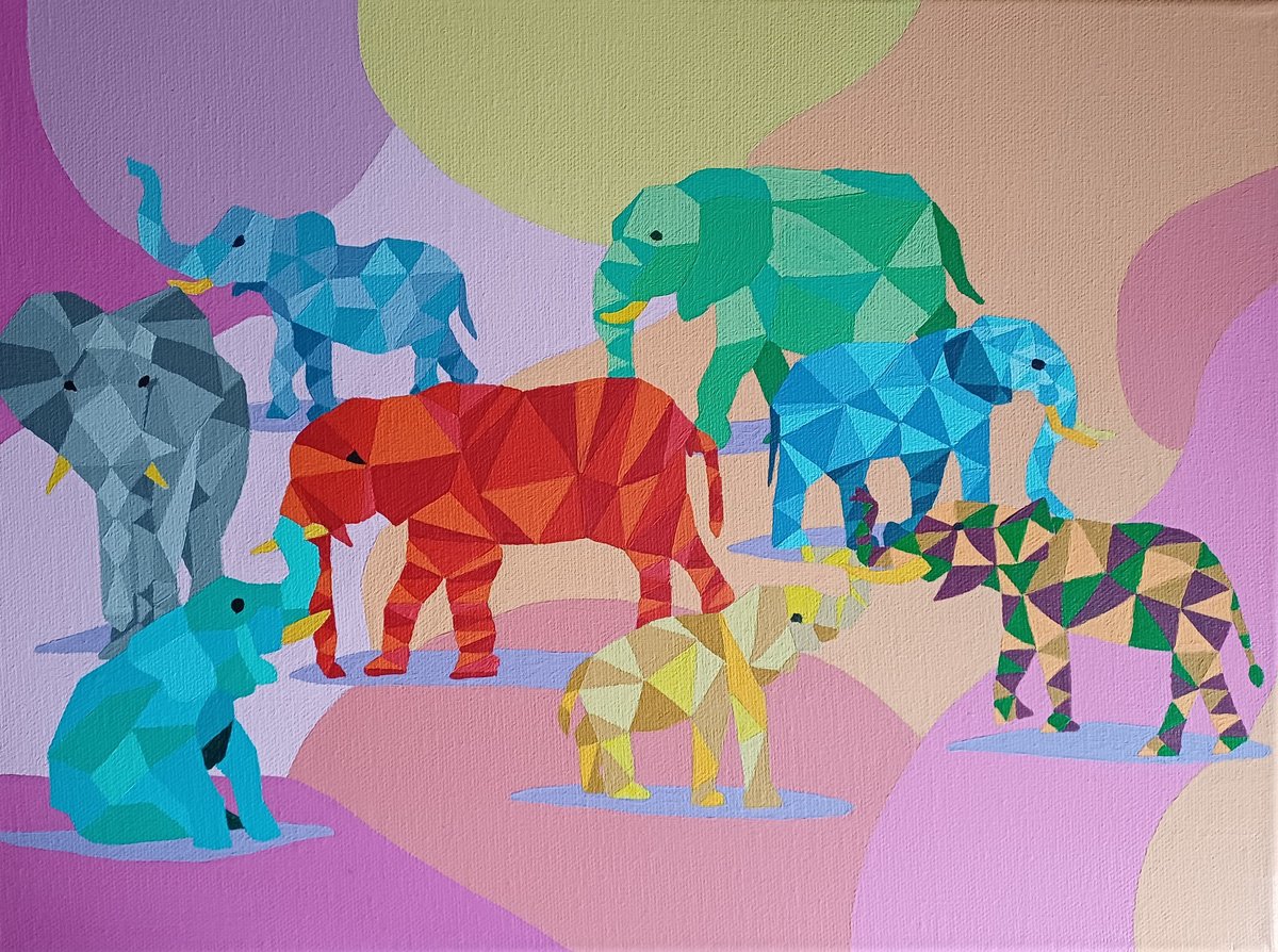 Geometric Animal Acrylic Painting By Corinne Hamer, 16 X 12, Elephants, Original Artwork