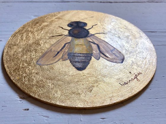 My Little Golden Honeybee Oil Painting on Round Lacquered Golden Leaf Canvas Frame