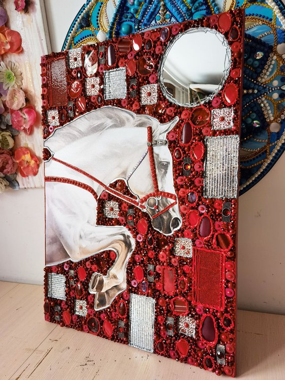 Decisive leap. A white racehorse