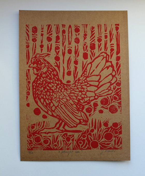 Sebright hen (in red)